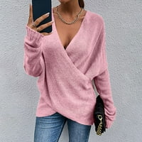Absuyy пуловери за жени Clearance Solid Color v Neck Knit Long Loweve Fashion Pullover пуловер Топ розов размер XL