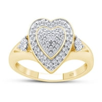 Кръгло изрязване на естествен бял диамант Двойно сърдечен пръстен в 14K жълто злато, покрито стерлинги сребро -7,5