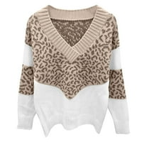 Tejiojio жени плюс размер суичърс капка раменни блуза елегантни туники върхове жена върхове класически v-образно деколте с дълъг ръкав Leopard Color Block Loose Knit пуловер пуловер