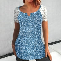 Дамски летни върхове Модна жена Причинно-деколте за печат блуза Данте тениска с къси ръкави летни върхове Изрязани тениски за жени, синьо, xxl