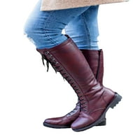 Daeful дами висока обувка дантела за зимно коляно високо обувки с ниска пета езда ботуши ежедневно комфорт ходещо вино червено 4.5