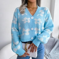 Женски стилен комфортен есен зимен зимен дълъг ръкав контрастен печат на фенер ръкав с v-образни пуловери с пуловер