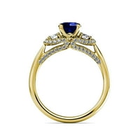Син сапфир и диамант три каменни пръстени с диамант на страничен бар 1. CT TW 14K Жълто злато.Size 9.0