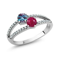 Gem Stone King 1. CT овален пурпурен създаден Александрит Червен рубин Стерлинг сребърен пръстен