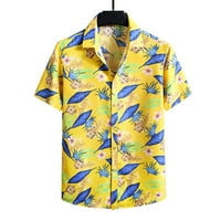 Мъжки хавайски плажни тениски извънгабаритни годни тропически листа печат небрежен бутон надолу с къс ръкав тениска за свободното време Стилен лек горен жълт xxl