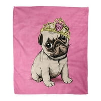 Супер меко хвърляне на одеяло кафяво кученце Pug Puppy Chihuahua в принцеса корона на розово куче кралица сладко момиче домашен любимец луксозен дом декоративен фланел кадифе плюшено одеяло