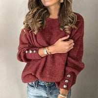 Отстъпка за жени есенна мода кръгла шия плетен пуловер бутон с дълъг ръкав твърд цвят елегантен ежедневен пуловер джъмпер върхове вино s