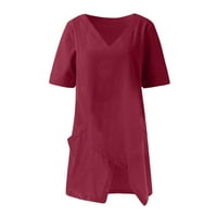 CACOMMARK PI Време и Tru жени летни върхове плюс размер V-образно деколте жени подрязани ръкави памучна линия разхлабена риза блуза вино 6