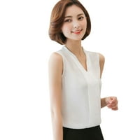 Xinqinghao жени шифон блуза върхове мода v шията от рамото върхове солиден цвят без ръкави, монтирани върхове риза бяла xxl