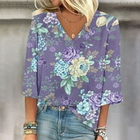 Тениски на Caveitl, жени, модни отпечатани тениски ръкави блуза с v-образни деколтета на небрежни върхове лилави, xxxl