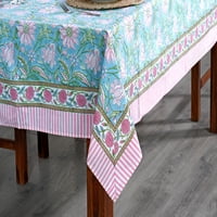 Ледено синьо, Kelly Green, Flamingo Pink Indian Hand Block отпечатана покривка за покритие на масата, спално бельо, подарък за домакинство, сватбен декор за ферма