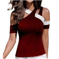 Сладки върхове за жените модни модни ежедневни рамо с къс ръкав с твърд цвят тениска топ блуза студено рамо комфортно цветове тениска, червено, l
