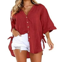 Haite Ladies Button Down V Tups Tops Елегантна нередовна риза на туника на плажа плаж дълъг ръкав с твърд цвят блуза
