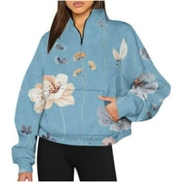 Tdoqot половин zip hoodie жени- нов модерен дълъг ръкав с предния джоб модна ежедневна флорална стойка яка дамци есенни върхове сини размер l
