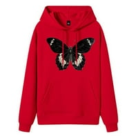 Върхове на LiSeTool за жени ежедневни модни пеперуди печат с качулка Графичен теглене пуловер Предпадна суичър качулки червено червено