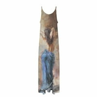 Cuoff дамска рокля женска лятна слънчева ръкавица дълги тънки каишки без ръкави флорални ежедневни жени макси рокля бежово m