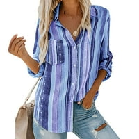 Charella Womens Fashion V-Neck Striped Roll Up Button Button Down Blouse Pops с джобни разхлабени риза Тъмносиньо, m, m