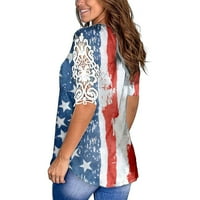 Fridja USA Flag Tee за 4 юли Ден на паметта, женско дантелено печат с къс ръкав с тениска с тениска с V-образно деколте