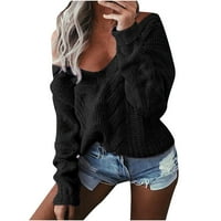 absuyy модна огромна пуловери за жени Подарък- лек цвят на солиден цвят v Врат студено рамо удобни пуловер върхове черни размер m