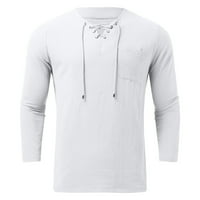 KALI_STORE Мъжки голф риза Мъжки ежедневни тениски с дълъг ръкав бутон Plain V Neck Rish White, L