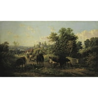Josef Wenglein Black Ornate Wood Famed Double Matted Museum Art Print, озаглавен - Пейзаж с говеда