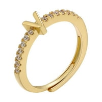 Rygai Finger Ring Регулируем отвор на азбука Faux-Diamond-Set Geometric Inlay Искряща буквена лента Подарък за пръстен, Golden V