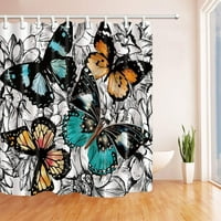 Четири големи акварелни пеперуди в мастило Цветя бял син полиестер тъкан за баня баня завеса за душ