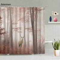 Есенни елени душ завеси мъгла гора лосове дървета растение дива природа вълк живопис изкуство тъкан баня декор баня завеса черно сиво