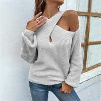 Hinvhai Plus Size Sweater върхове на сезонния клирънс Женски секси сол с дълъг ръкав Пуловер пуловер Сив 8
