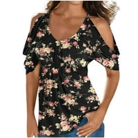 Плюс размер дамски студени върхове на рамото просвет късо ръкав ежедневен флорален графичен тениски лъжичка врат пуловер блуза плисирана риза с големи размери за