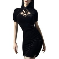 Cethrio Sun Dress- Retro Dark Sexy Modified Cheongsam Dress Gothic Lace Up Suede High Rese Slim Little Black Black Black
