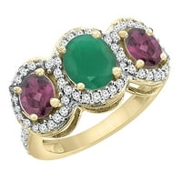 14K жълто злато естествен щаб Emerald & Rhodolite 3-каменна пръстен с овален диамантен акцент, размер 9.5
