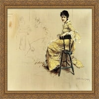 Седнала жена в раирана рокля на Yello Голяма златна богато украсена дървена рамка Платно изкуство от Уилям Мерит Чейс