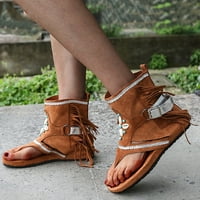 Сандали за пискюли за жени, ретро бохемски гладиатор ресни ежедневни сандали плосък клип пръст на глезена плажни обувки T-каишка римски сандали от отворени пръсти