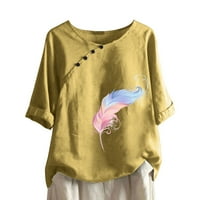 Дамски летни пера печат блуза с къс ръкав сладък свободни предни копчета кръгла риза с твърди блузи памучно бельо жълто xxl