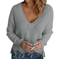 Rovga дамски пуловери женски разхлабени ежедневни V врат пуловер Хем ресни твърди цветен плетен пуловер