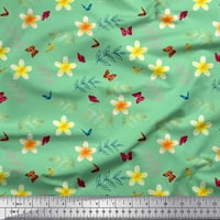 Soimoi Polyester Crepe Leaves Leaves, Butterfly & Plumeria Floral Print Fabric по двор широк