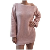 Дамски пуловери падат пуловери за жени есента и зимата дълги ръкавици секси една дума яка Лудж ежедневна рокля с плетема пуловер, розова XL
