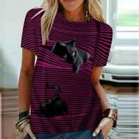 Дамски върхове унизинг възрастен плюс размер лятна карикатура котка раирана тениска с къс ръкав върхове вино xxxl