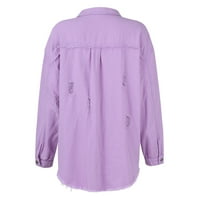 Дънково яке за жени с дълъг ръкав ревера солидни върхове суров бутон джоб джобни ежедневни ризи блуза лилаво m