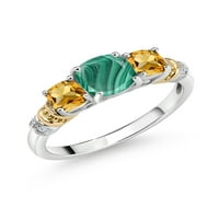 Gem Stone King 2. CT възглавница Зелен малахит жълт цитрин стерлингов сребро и 10K жълто златен пръстен