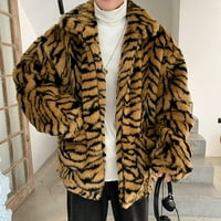 Tklpehg Мъжки зимни палта модерни ежедневни палти с дълъг ръкав леопард Зимна топла мода на открито вълнен фаукс-фур-палто яка галкота каки xxl