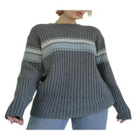 Lieserram жени пухкав плетен пуловер райета контраст цвят ежедневни дълги ръкави пуловер върхове улични дрехи