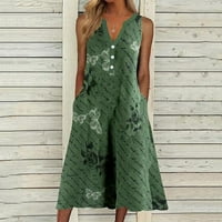 Женски клирънс флорални v-образни рокли за без ръкави рокли небрежни дълги рокли, армейско зелено, s